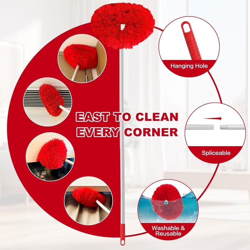 Heonay Ceiling Fan Cleaner Duster Reusable Microfiber Ceiling Fan Blade Cleaner Removable Duster with Extension Pole Adjusts 13 to 49.7 Inch for Cleaning Walls Bookshelves Furniture Door Window Top (Red) - Image 3